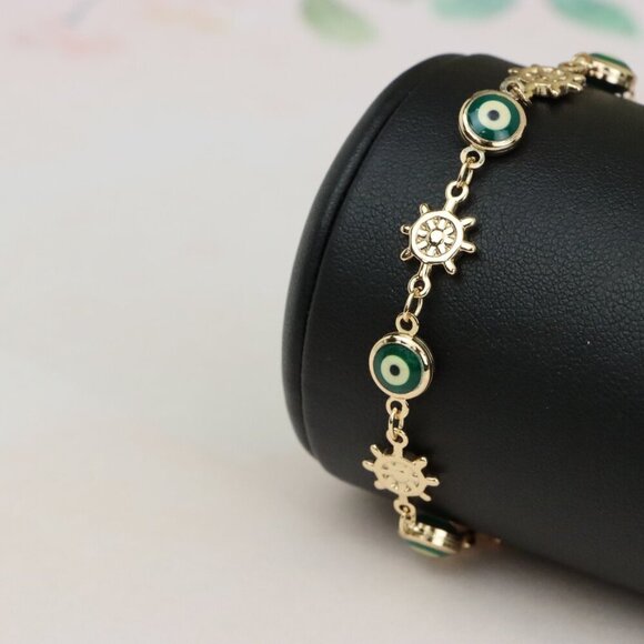 "Rose Gold Evil Eye & Wheel Charm Bracelet, Adjustable Protection Style,XPBL0739 - Picture 3 of 12